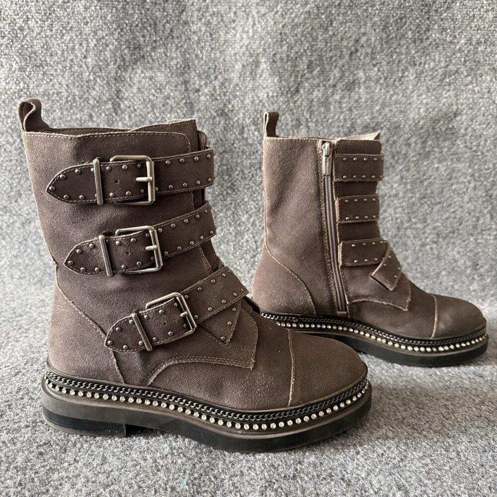 Vince Camuto Bobette Moto Combat Boots Studs Rhinestone Triple Buckle 8M Pewter